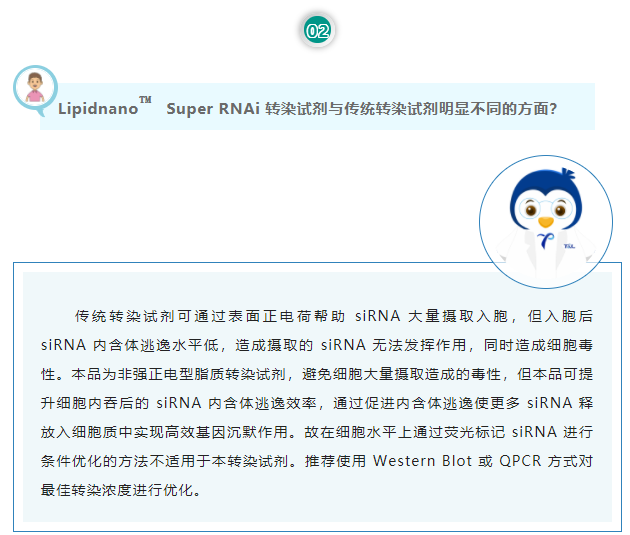 Lipidnano™Super RNAi转染试剂与传统转染试剂明显不同的方面？传统转染试剂可通过表面正电荷帮助 siRNA 大量摄取入胞，但入胞后 siRNA 内含体逃逸水平低，造成摄取的 siRNA 无法发挥作用，同时造成细胞毒性。本品为非强正电型脂质转染试剂，避免细胞大量摄取造成的毒性，但本品可提升细胞内吞后的 siRNA 内含体逃逸效率，通过促进内含体逃逸使更多 siRNA 释放入细胞质中实现高效基因沉默作用。故在细胞水平上通过荧光标记 siRNA 进行条件优化的方法不适用于本转染试剂。推荐使用 Western Blot 或 QPCR 方式对最佳转染浓度进行优化。